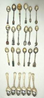 Collection of Vintage Souvenir Travel Spoons and Set of Silver Plate Tea Spoons. 