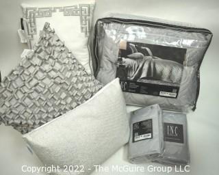 New in Bag and With Tag INC. Grey Full Coverlet with Coordinating Sham and Throw Pillows.