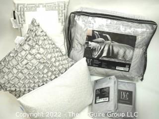 New in Bag and With Tag INC. Grey Full Coverlet with Coordinating Sham and Throw Pillows.