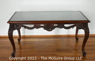 Vintage Cherry Carved Wooden Coffee Table with Glass Top Insert and Cabriole Legs.  Measures 17" x 20" x 34".