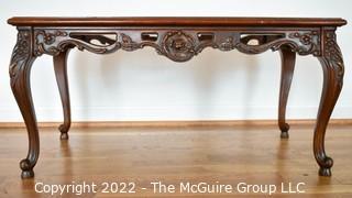 Vintage Cherry Carved Wooden Coffee Table with Glass Top Insert and Cabriole Legs.  Measures 17" x 20" x 34".