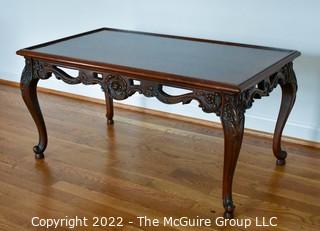 Vintage Cherry Carved Wooden Coffee Table with Glass Top Insert and Cabriole Legs.  Measures 17" x 20" x 34".