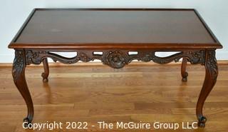 Vintage Cherry Carved Wooden Coffee Table with Glass Top Insert and Cabriole Legs.  Measures 17" x 20" x 34".