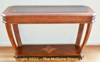 Contemporary Glass Insert Console Table with Marquetry Medallion on Lower Shelf.  Measures 20" W x 49"L x 30"T.