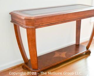 Contemporary Glass Insert Console Table with Marquetry Medallion on Lower Shelf.  Measures 20" W x 49"L x 30"T.