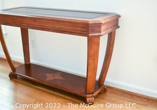 Contemporary Glass Insert Console Table with Marquetry Medallion on Lower Shelf.  Measures 20" W x 49"L x 30"T.