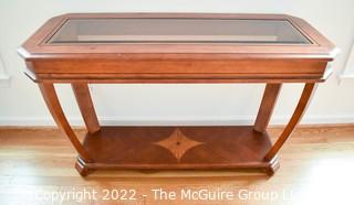 Contemporary Glass Insert Console Table with Marquetry Medallion on Lower Shelf.  Measures 20" W x 49"L x 30"T.