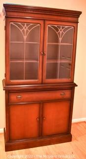 Vintage Mahogany Glass Front with Scroll Work Bookcase with Cabinet and Drawer.  One piece. {was 0085LW}