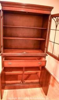 Vintage Mahogany Glass Front with Scroll Work Bookcase with Cabinet and Drawer.  One piece. {was 0085LW}