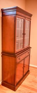 Vintage Mahogany Glass Front with Scroll Work Bookcase with Cabinet and Drawer.  One piece. {was 0085LW}