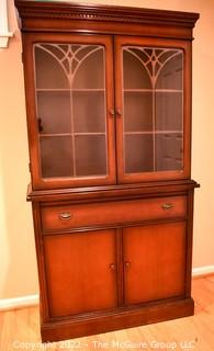 Vintage Mahogany Glass Front with Scroll Work Bookcase with Cabinet and Drawer.  One piece. {was 0085LW}