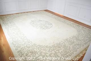 Obeetee Private Limited Wool Pile Rug Hand Woven in Mirzapur India with Medallion Center Design on White Ground.  Measures 109 x 144".