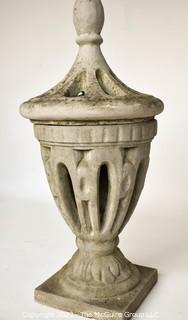 Vintage Open Work Cement Garden Urn Statuary with Finial Top.  Measures 38" Tall and 17" in diameter. 0097SM