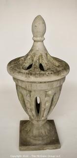 Vintage Open Work Cement Garden Urn Statuary with Finial Top.  Measures 38" Tall and 17" in diameter. 0097SM