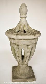 Vintage Open Work Cement Garden Urn Statuary with Finial Top.  Measures 38" Tall and 17" in diameter. 0097SM