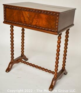 Antique Spool Turned Leg Desk or Table with Flame Walnut Veneer.  Measures 16" x 22" x 28"T.
