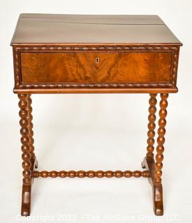 Antique Spool Turned Leg Desk or Table with Flame Walnut Veneer.  Measures 16" x 22" x 28"T.
