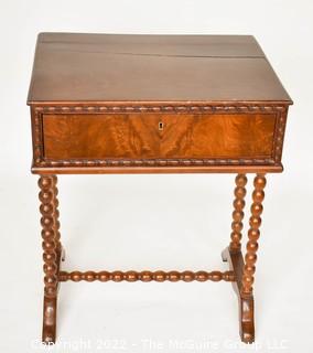 Antique Spool Turned Leg Desk or Table with Flame Walnut Veneer.  Measures 16" x 22" x 28"T.
