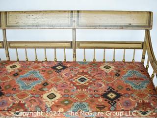 Circa 1820's American Windsor Spindle Back Colonial Deacon's Bench with Single Board Seat, Original Paint and Custom Made Cushion.  Measures 72" long, 22"deep and 35" tall.
