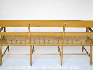 Circa 1820's American Windsor Spindle Back Colonial Deacon's Bench with Single Board Seat, Original Paint and Custom Made Cushion.  Measures 72" long, 22"deep and 35" tall.
