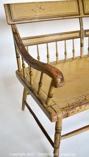 Circa 1820's American Windsor Spindle Back Colonial Deacon's Bench with Single Board Seat, Original Paint and Custom Made Cushion.  Measures 72" long, 22"deep and 35" tall.
