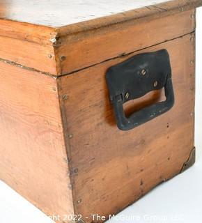 Antique Carpenter's Wooden Tool Chest With Brass Name Plate, Escutcheon And Wrought Iron Side Handles.  Nameplate Reads “GR Smallwood, Berryville, VA”.  33L X 12D X 13"T 0092SM