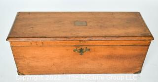 Antique Carpenter's Wooden Tool Chest With Brass Name Plate, Escutcheon And Wrought Iron Side Handles.  Nameplate Reads “GR Smallwood, Berryville, VA”.  33L X 12D X 13"T 0092SM