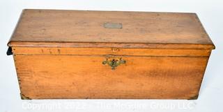 Antique Carpenter's Wooden Tool Chest With Brass Name Plate, Escutcheon And Wrought Iron Side Handles.  Nameplate Reads “GR Smallwood, Berryville, VA”.  33L X 12D X 13"T 0092SM