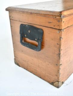 Antique Carpenter's Wooden Tool Chest With Brass Name Plate, Escutcheon And Wrought Iron Side Handles.  Nameplate Reads “GR Smallwood, Berryville, VA”.  33L X 12D X 13"T 0092SM