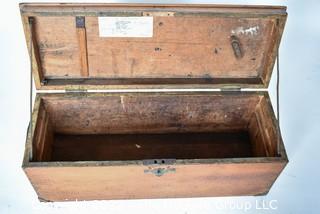 Antique Carpenter's Wooden Tool Chest With Brass Name Plate, Escutcheon And Wrought Iron Side Handles.  Nameplate Reads “GR Smallwood, Berryville, VA”.  33L X 12D X 13"T 0092SM