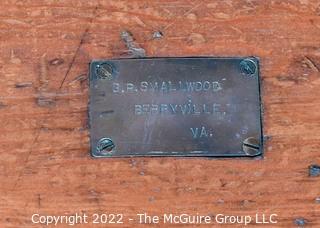 Antique Carpenter's Wooden Tool Chest With Brass Name Plate, Escutcheon And Wrought Iron Side Handles.  Nameplate Reads “GR Smallwood, Berryville, VA”.  33L X 12D X 13"T 0092SM