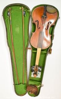 Vintage Franz Antoni Stoff Violin, Two Bows and Case. Needs repair.