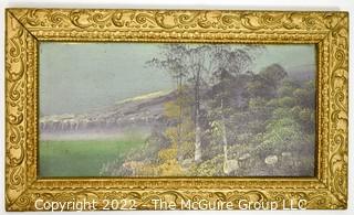 Gilt Framed Oil on Board Landscape, Unsigned.  Measures 12" x 19".  0117SM