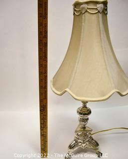 Silver Candlestick Style Table Lamp with Cherub Decoration and Shade. 