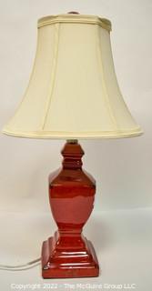 Vintage Red Pottery Table Lamp with Shade. 