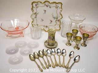 Hand Painted Porcelain Platter, Hat Pin Holder, Silver Plate Spoons and Cordial Goblets and Depression Glass.