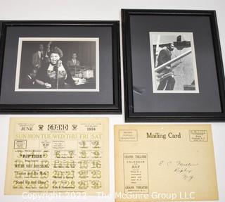 Framed Black and White Photos of Ella Fitzgerald and Johny Coltraine. (2) 1933 Mailing cards from the Westfield NY Grand Theatre - "Where the Screen Speaks"