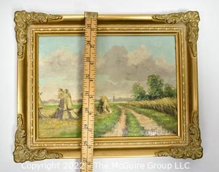 Gilt Framed Oil on Canvas Dutch Landscape of Haystacks in Field. Signed by Artist, A Martens (Alfred Märtens). Measures  8 1/2 x 11". 