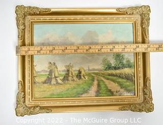 Gilt Framed Oil on Canvas Dutch Landscape of Haystacks in Field. Signed by Artist, A Martens (Alfred Märtens). Measures  8 1/2 x 11". 