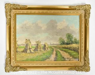 Gilt Framed Oil on Canvas Dutch Landscape of Haystacks in Field. Signed by Artist, A Martens (Alfred Märtens). Measures  8 1/2 x 11". 