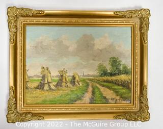 Gilt Framed Oil on Canvas Dutch Landscape of Haystacks in Field. Signed by Artist, A Martens (Alfred Märtens). Measures  8 1/2 x 11". 