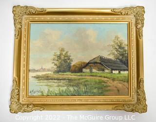 Gilt Framed Oil on Canvas Dutch Landscape of Thatched Roof Barn by River. Signed by Artist, A Martens (Alfred Märtens). Measures  8 1/2 x 11". 