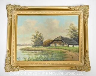 Gilt Framed Oil on Canvas Dutch Landscape of Thatched Roof Barn by River. Signed by Artist, A Martens (Alfred Märtens). Measures  8 1/2 x 11". 