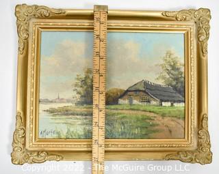 Gilt Framed Oil on Canvas Dutch Landscape of Thatched Roof Barn by River. Signed by Artist, A Martens (Alfred Märtens). Measures  8 1/2 x 11". 