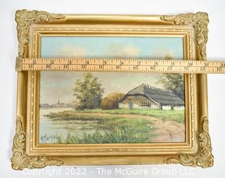 Gilt Framed Oil on Canvas Dutch Landscape of Thatched Roof Barn by River. Signed by Artist, A Martens (Alfred Märtens). Measures  8 1/2 x 11". 