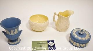 Four (4) Fine Porcelain China Items Including Blue Wedgwood and Yellow Belleek China. 