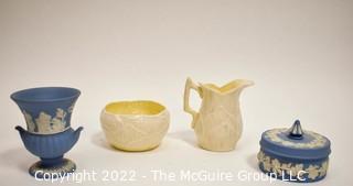 Four (4) Fine Porcelain China Items Including Blue Wedgwood and Yellow Belleek China. 