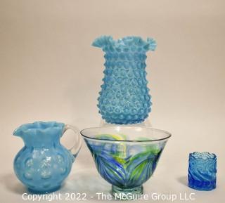 Four (4) Pieces of Blue Hobnail and Art Glass. 