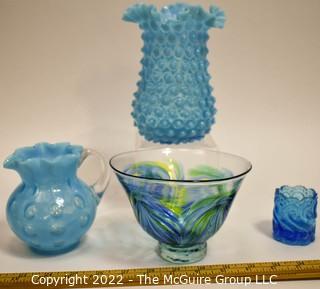 Four (4) Pieces of Blue Hobnail and Art Glass. 