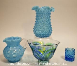 Four (4) Pieces of Blue Hobnail and Art Glass. 